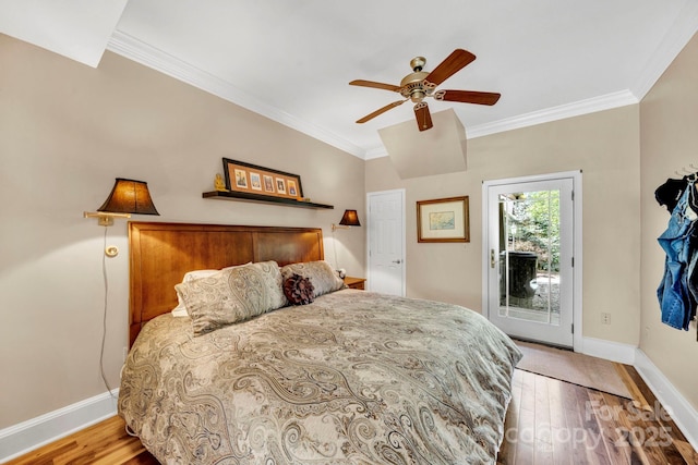 540 Upper Paw Paw Rd, Marshall, NC 28753 - bedroom featuring access to outside, wood finished floors, crown molding, baseboards, and a ceiling fan