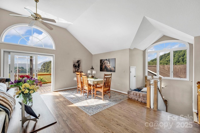 540 Upper Paw Paw Rd, Marshall, NC 28753 - dining space with lofted ceiling, wood finished floors, ceiling fan, plenty of natural light, and baseboards