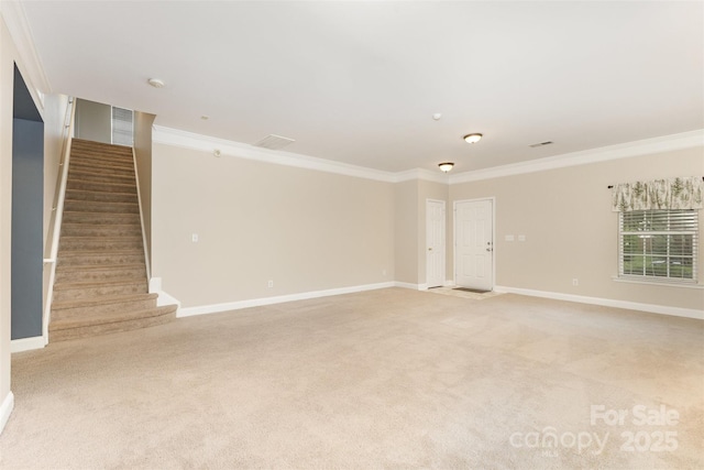 237 Lylic Woods Dr, Fort Mill, SC 29715 - empty room with light carpet, crown molding, stairs, and baseboards