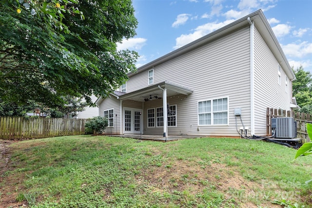 237 Lylic Woods Dr, Fort Mill, SC 29715 - rear view of house featuring central air condition unit, french doors, a ceiling fan, and a patio area