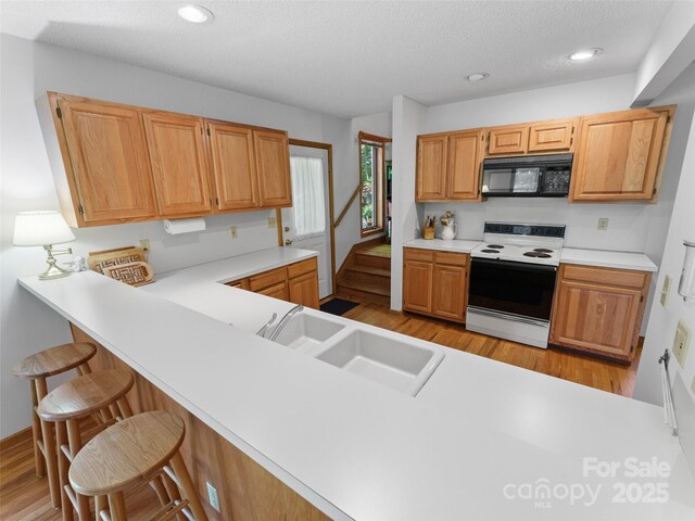 43 Hungryneck Hollow Ln, Saluda, NC 28773 - kitchen with black microwave, electric range oven, a sink, light wood-type flooring, and light countertops
