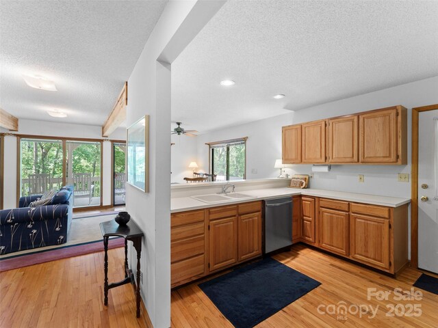 43 Hungryneck Hollow Ln, Saluda, NC 28773 - kitchen with stainless steel dishwasher, a sink, a textured ceiling, light countertops, and light wood finished floors