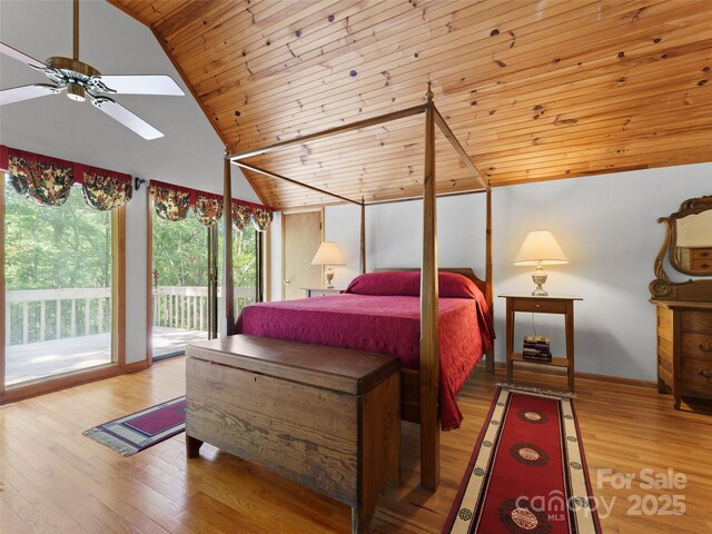 43 Hungryneck Hollow Ln, Saluda, NC 28773 - bedroom with access to outside, wood ceiling, wood finished floors, a skylight, and baseboards