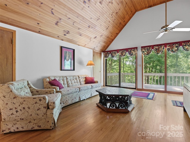 43 Hungryneck Hollow Ln, Saluda, NC 28773 - living area featuring high vaulted ceiling, ceiling fan, wood ceiling, wood finished floors, and a skylight