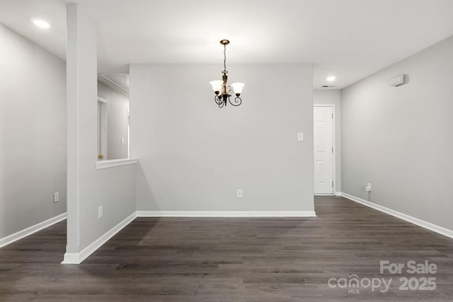 7315 Gasper Ln, Fort Mill, SC 29707 - unfurnished dining area with a chandelier, baseboards, recessed lighting, and dark wood-type flooring