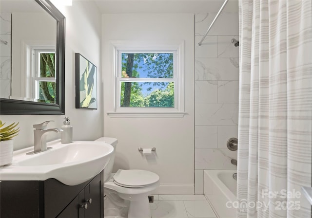 1027 Dresden Dr W, Charlotte, NC 28205 - full bathroom with marble finish floors, vanity, and shower / tub combo
