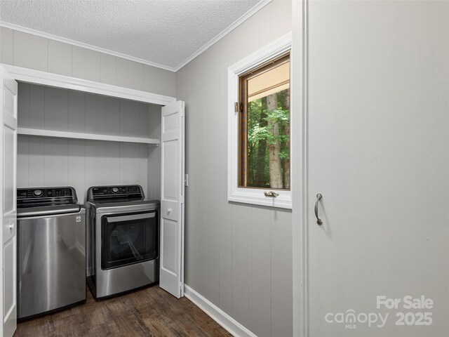 164 Beechwood Dr W, Columbus, NC 28722 - washroom featuring ornamental molding, washer and dryer, dark wood-style floors, a textured ceiling, and baseboards