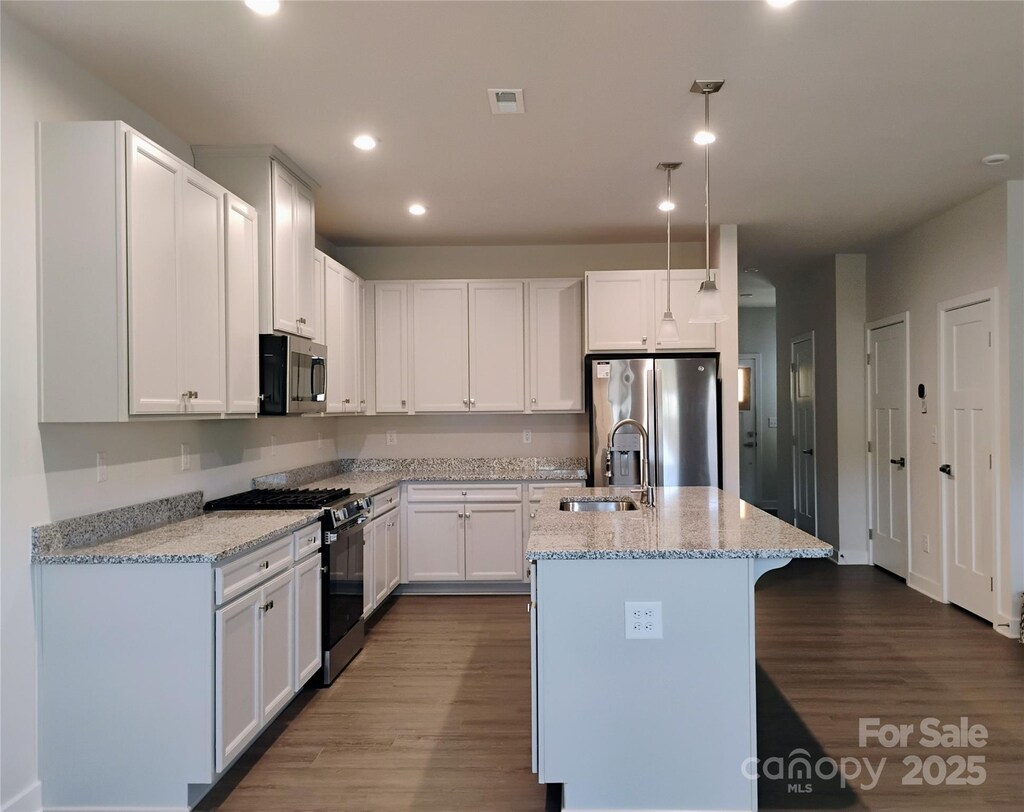 1598 Respect St, Concord, NC 28027 - kitchen with stainless steel appliances, a sink, dark wood finished floors, light stone counters, and recessed lighting