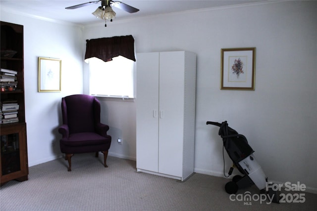 116 Woodbark Ln, Kings Mountain, NC 28086 - sitting room with ornamental molding, a ceiling fan, carpet flooring, and baseboards