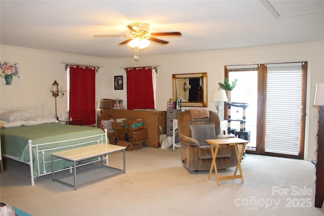 116 Woodbark Ln, Kings Mountain, NC 28086 - bedroom featuring carpet floors, access to outside, ornamental molding, and a ceiling fan