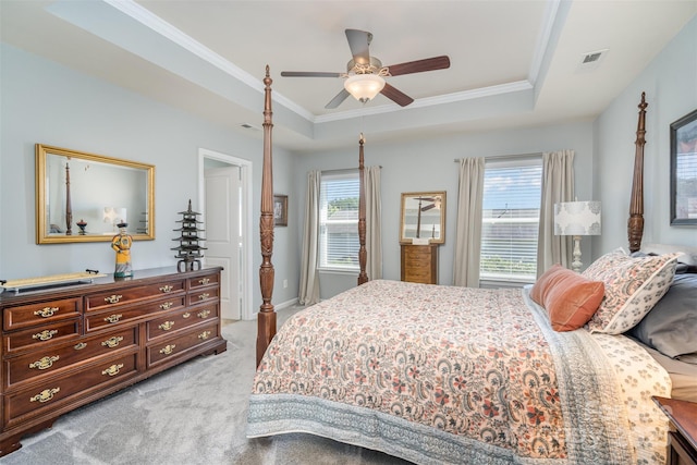 6156 Kilchurn Dr, Fort Mill, SC 29707 - bedroom featuring light colored carpet, a tray ceiling, ornamental molding, and a ceiling fan