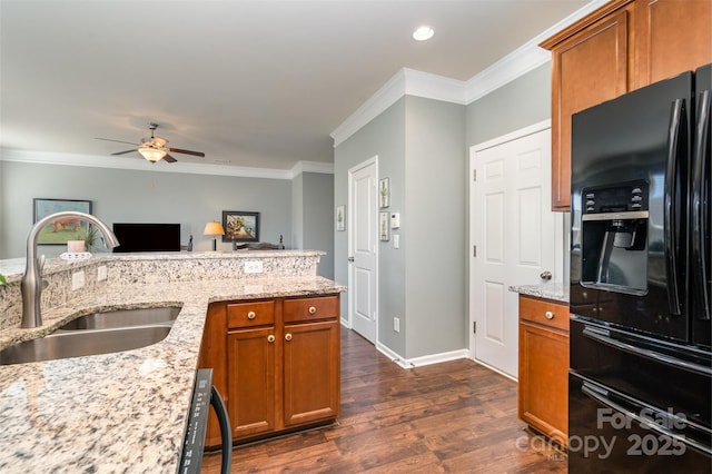 6156 Kilchurn Dr, Fort Mill, SC 29707 - kitchen featuring black refrigerator with ice dispenser, ceiling fan, ornamental molding, brown cabinets, and dark wood-type flooring