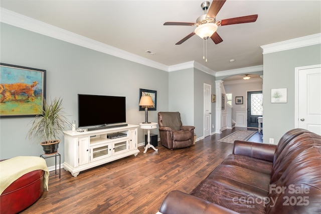 6156 Kilchurn Dr, Fort Mill, SC 29707 - living area featuring decorative columns, crown molding, dark wood-type flooring, a ceiling fan, and arched walkways