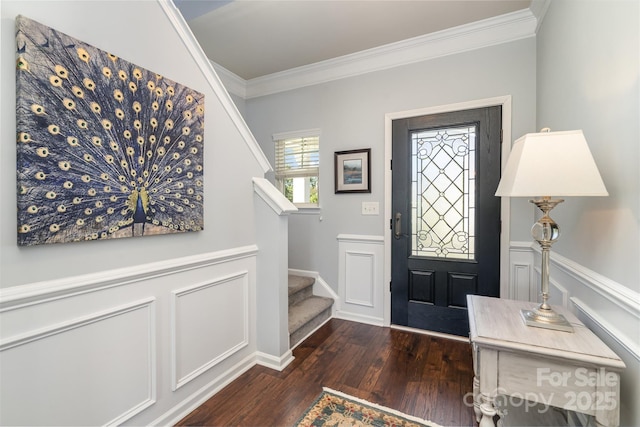 6156 Kilchurn Dr, Fort Mill, SC 29707 - foyer entrance with dark wood finished floors, stairway, and crown molding