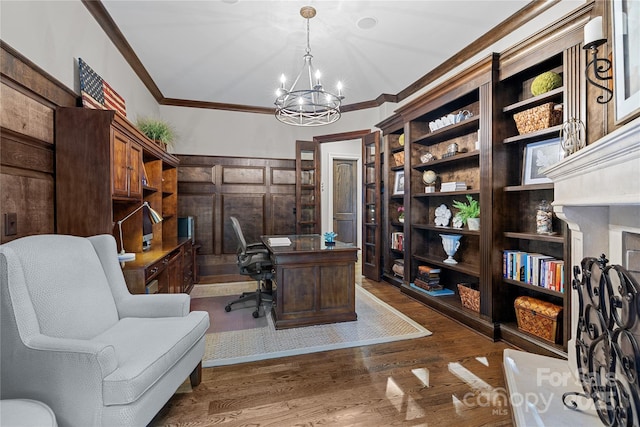 617 Beauhaven Ln, Waxhaw, NC 28173 - office space featuring ornamental molding, a chandelier, and wood finished floors