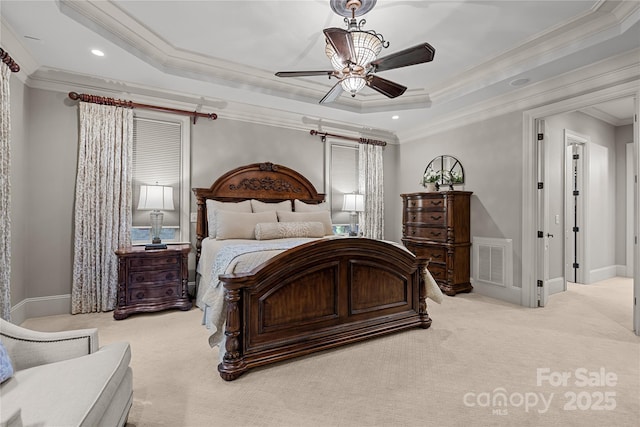 617 Beauhaven Ln, Waxhaw, NC 28173 - carpeted bedroom with ornamental molding, a raised ceiling, recessed lighting, and ceiling fan