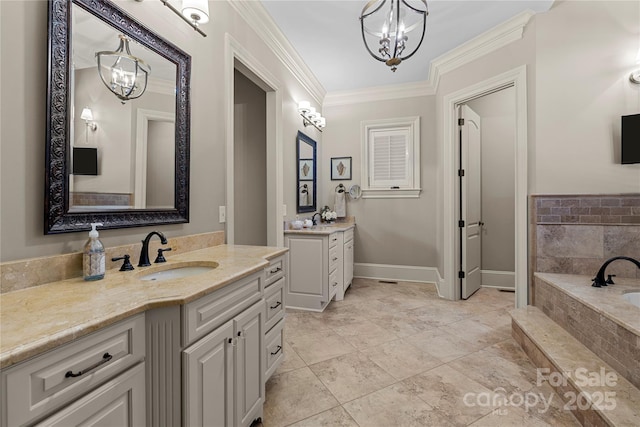 617 Beauhaven Ln, Waxhaw, NC 28173 - full bathroom featuring a chandelier, two vanities, crown molding, and a bath