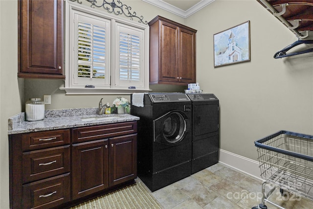 617 Beauhaven Ln, Waxhaw, NC 28173 - washroom featuring cabinet space, washing machine and clothes dryer, and crown molding