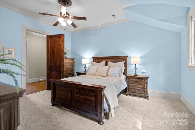 617 Beauhaven Ln, Waxhaw, NC 28173 - carpeted bedroom with ornamental molding, lofted ceiling, and ceiling fan