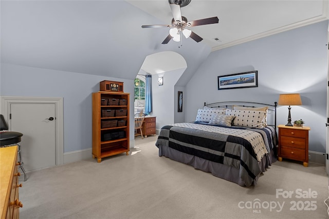 617 Beauhaven Ln, Waxhaw, NC 28173 - bedroom featuring light colored carpet, vaulted ceiling, and a ceiling fan
