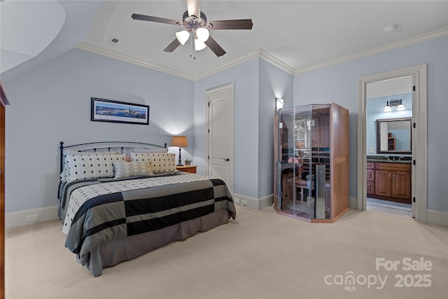 617 Beauhaven Ln, Waxhaw, NC 28173 - bedroom featuring light colored carpet, crown molding, ceiling fan, and connected bathroom