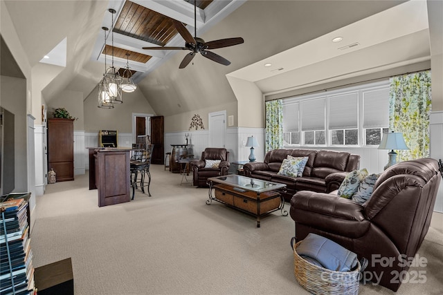 617 Beauhaven Ln, Waxhaw, NC 28173 - living area featuring a ceiling fan, light carpet, a wainscoted wall, recessed lighting, and a decorative wall