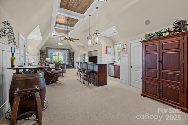 617 Beauhaven Ln, Waxhaw, NC 28173 - kitchen featuring stainless steel dishwasher, light carpet, a decorative wall, dark brown cabinets, and ceiling fan