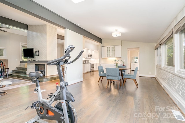 5742 Murrayhill Rd, Charlotte, NC 28210 - exercise room featuring light wood-type flooring, a fireplace, and washer / dryer