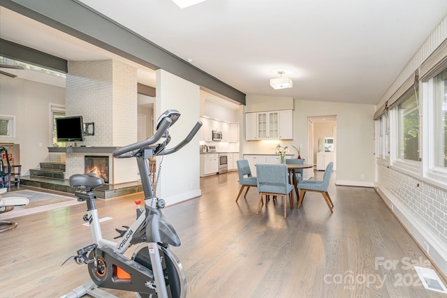 5742 Murrayhill Rd, Charlotte, NC 28210 - workout room featuring light wood-style floors, a large fireplace, and washer / dryer