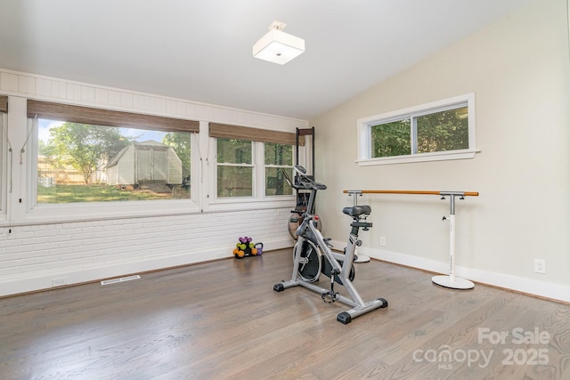 5742 Murrayhill Rd, Charlotte, NC 28210 - exercise room with vaulted ceiling and wood finished floors