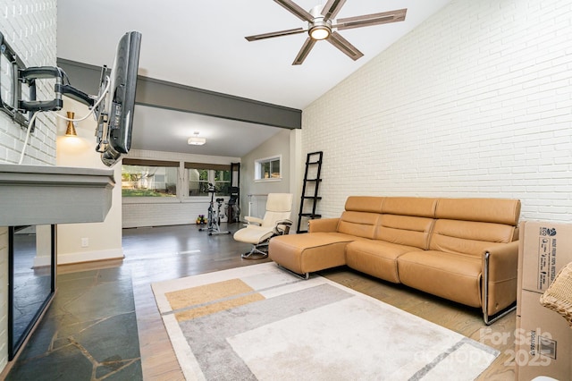5742 Murrayhill Rd, Charlotte, NC 28210 - living room with brick wall, a ceiling fan, wood finished floors, and high vaulted ceiling