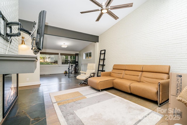 5742 Murrayhill Rd, Charlotte, NC 28210 - living room featuring brick wall, ceiling fan, wood finished floors, and high vaulted ceiling