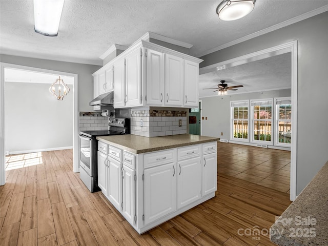 2941 Nix Creek Rd, Marion, NC 28752 - kitchen with electric stove, ventilation hood, a ceiling fan, a textured ceiling, and white cabinets