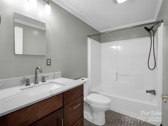 2941 Nix Creek Rd, Marion, NC 28752 - bathroom with a textured ceiling, crown molding, vanity, toilet, and tile patterned floors