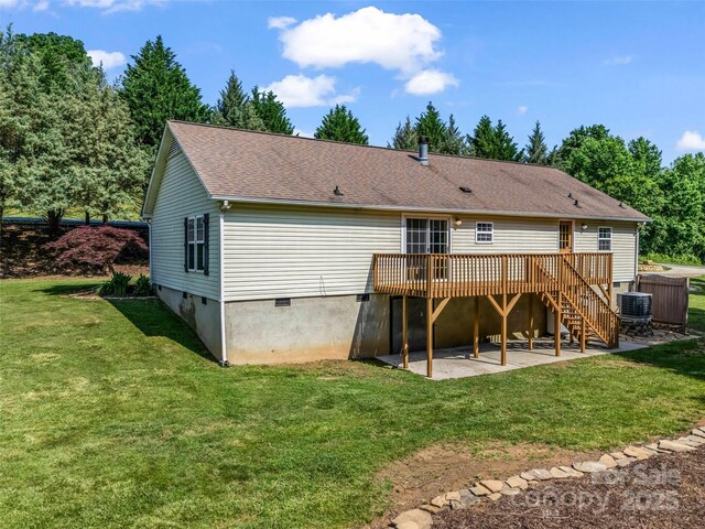 2941 Nix Creek Rd, Marion, NC 28752 - back of property featuring a wooden deck, a patio, a lawn, stairs, and roof with shingles