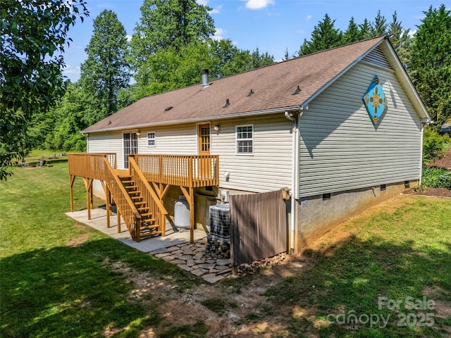 2941 Nix Creek Rd, Marion, NC 28752 - rear view of property with crawl space, a wooden deck, a patio area, a yard, and stairs