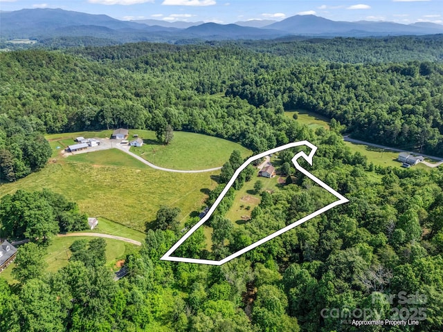 2941 Nix Creek Rd, Marion, NC 28752 - aerial view of property's location with a forest, property boundaries highlighted, and a mountainous background