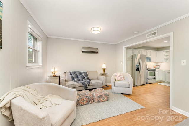 4014 Sulkirk Rd, Charlotte, NC 28210 - living room with light wood finished floors, ornamental molding, and a wall mounted air conditioner