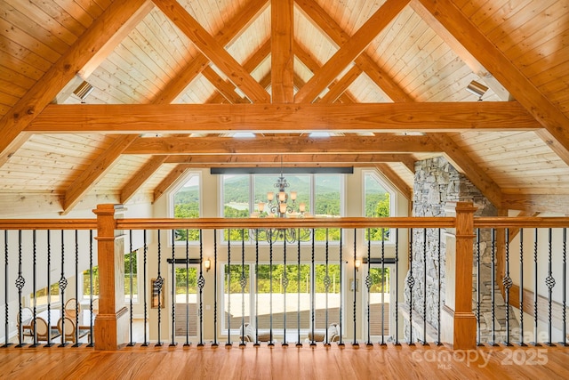 122 Eagles Crest Way, Lake Lure, NC 28746 - unfurnished living room featuring healthy amount of natural light, wood finished floors, wooden ceiling, and a chandelier