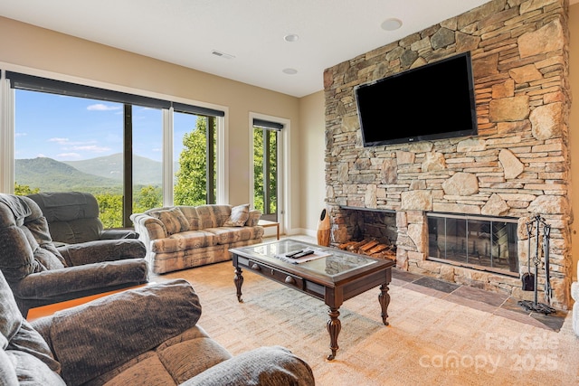 122 Eagles Crest Way, Lake Lure, NC 28746 - living room with a fireplace and a mountain view