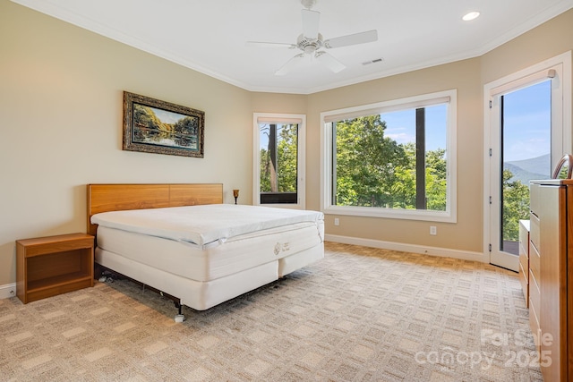 122 Eagles Crest Way, Lake Lure, NC 28746 - bedroom with access to outside, ornamental molding, light carpet, recessed lighting, and ceiling fan