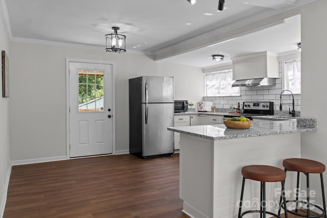 405 E 18th St, Kannapolis, NC 28083 - kitchen featuring stainless steel appliances, ventilation hood, a peninsula, dark wood-style flooring, and crown molding