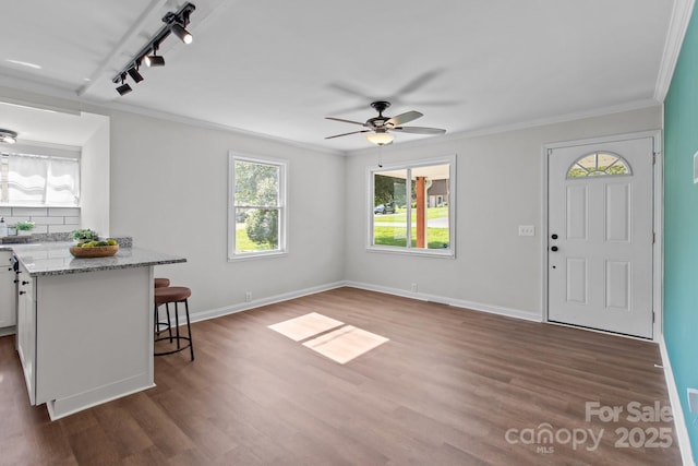 405 E 18th St, Kannapolis, NC 28083 - foyer with track lighting, dark wood finished floors, a ceiling fan, and ornamental molding