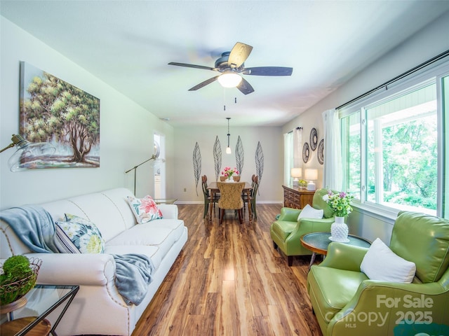 110 Stoney Brook Dr, Clyde, NC 28721 - living room featuring wood finished floors, baseboards, and ceiling fan