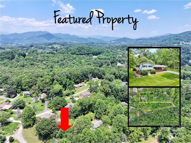 110 Stoney Brook Dr, Clyde, NC 28721 - aerial view of property and surrounding area featuring property boundaries highlighted, a mountainous background, and a forest