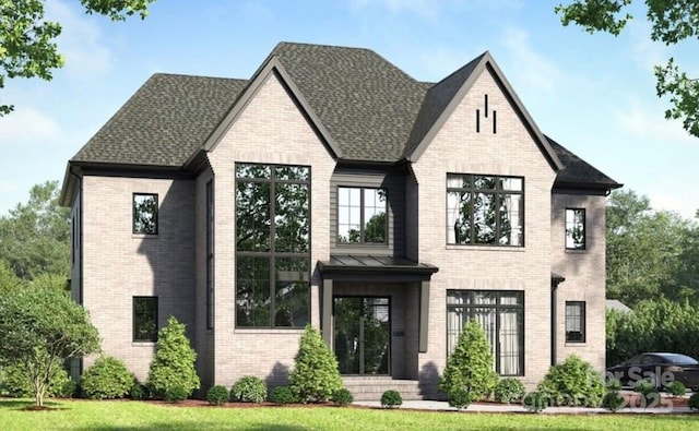 1321 Ferncliff Rd, Charlotte, NC 28211 - french country home featuring brick siding, roof with shingles, and a front lawn
