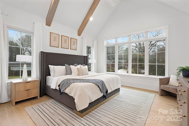 1321 Ferncliff Rd, Charlotte, NC 28211 - bedroom with beamed ceiling, light wood finished floors, high vaulted ceiling, and recessed lighting