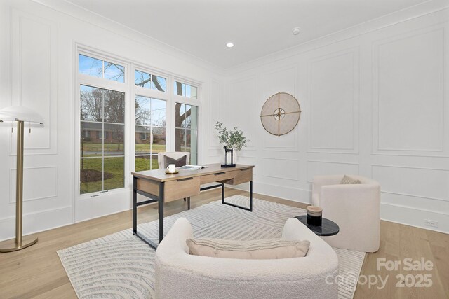 1321 Ferncliff Rd, Charlotte, NC 28211 - office with a decorative wall, crown molding, light wood-style floors, and recessed lighting