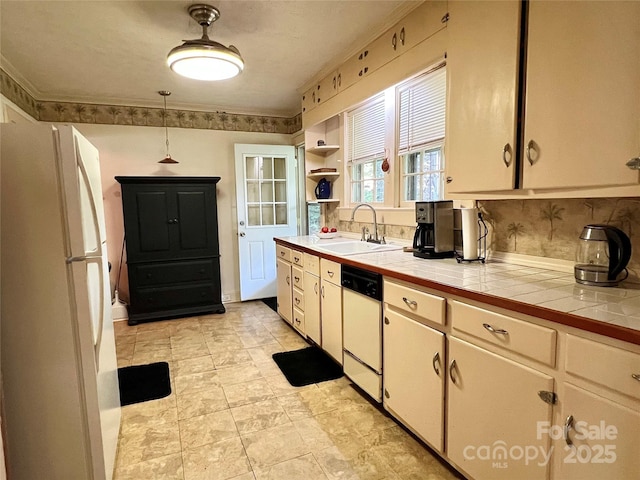 511 Westview St SW, Lenoir, NC 28645 - kitchen with white appliances, tile countertops, a sink, and open shelves