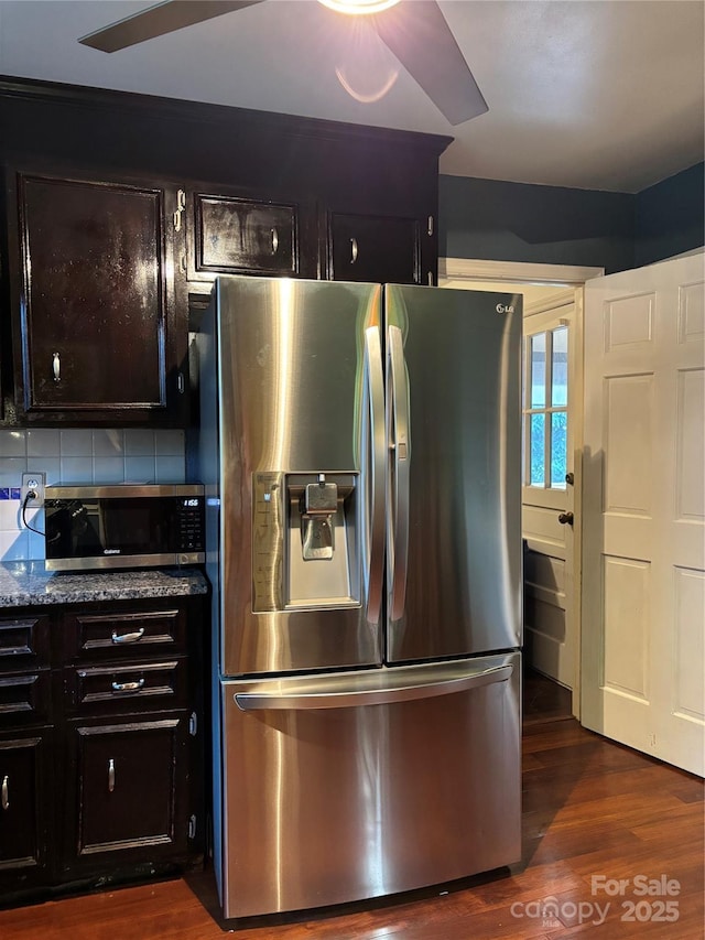 106 Condover Pl, Charlotte, NC 28270 - kitchen with stainless steel appliances, dark wood-style floors, stone countertops, and backsplash